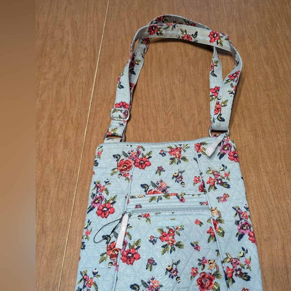 Blue and Pink Crossbody Bag with Floral Design